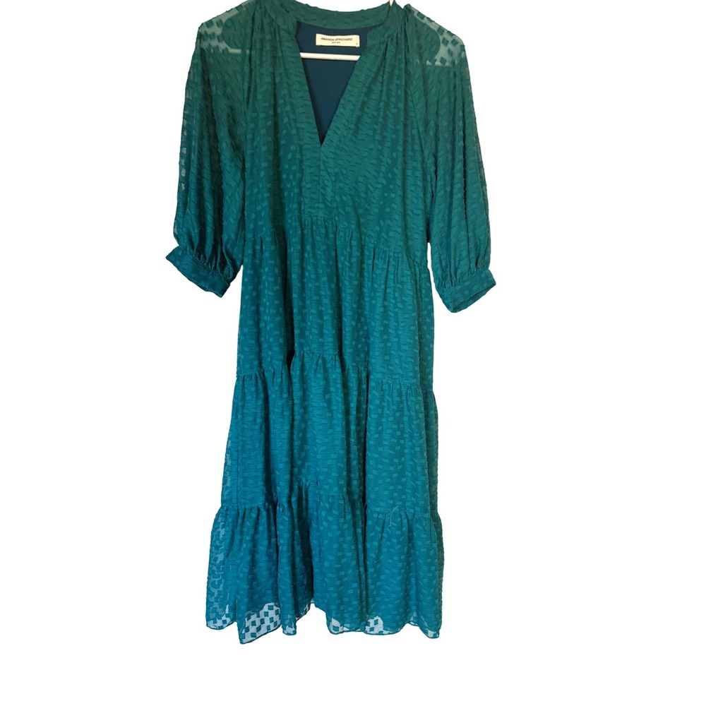 Amanda Uprichard Teal Green Clip Dot Tiered V-Neck Midi Dress XS Boho Mermaid